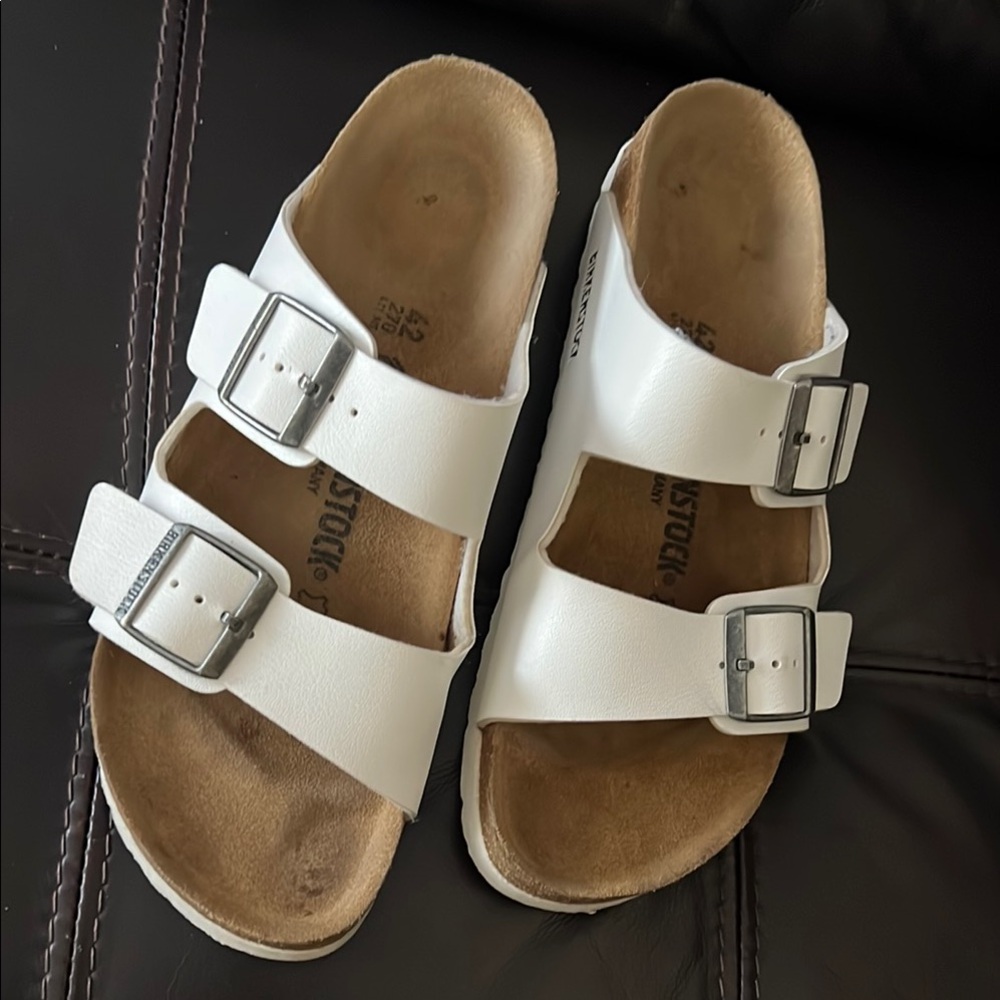 Birkenstock White Sandals with Silver Buckles